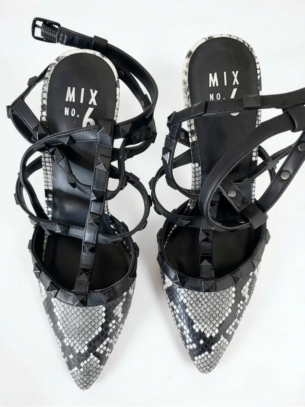 Mix No. 6 Black White Snakeskin Print Strappy Studded Pumps Heels - Size 8